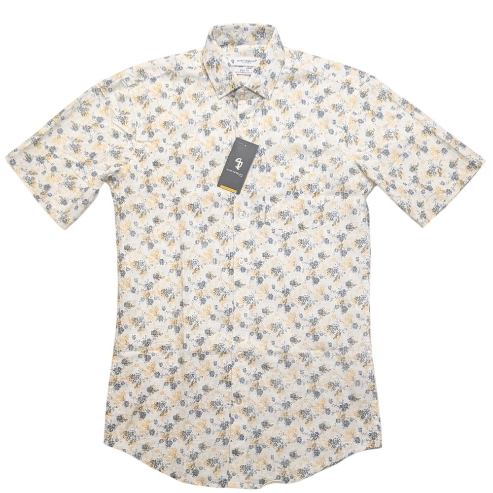 NWT Shaftesbury London Button Down Mens 15 White Blue Floral Slim Fit Non-Iron - Picture 1 of 7